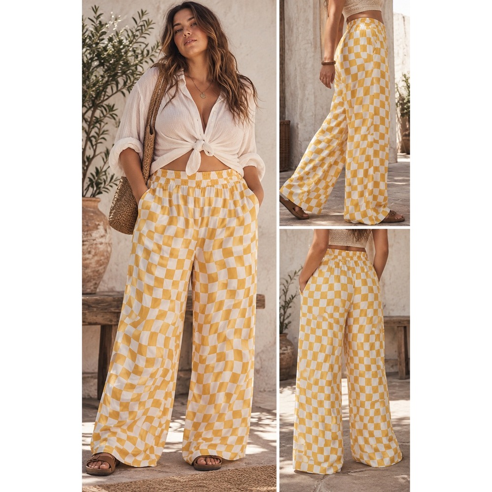 Grayson Threads Womens XXL Yellow White Checkered Wide Leg Lounge Pants NWT